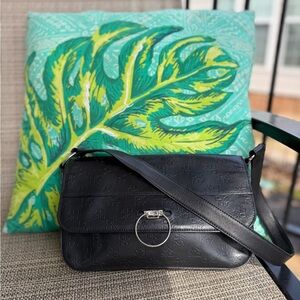 Vintage DKNY Black Genuine Leather Embossed Shoulder Bag Purse Purple Lining